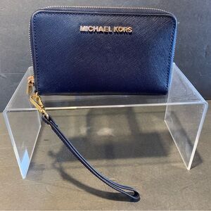 Michael Kors Navy Leather Wristlet Zippered Wallet